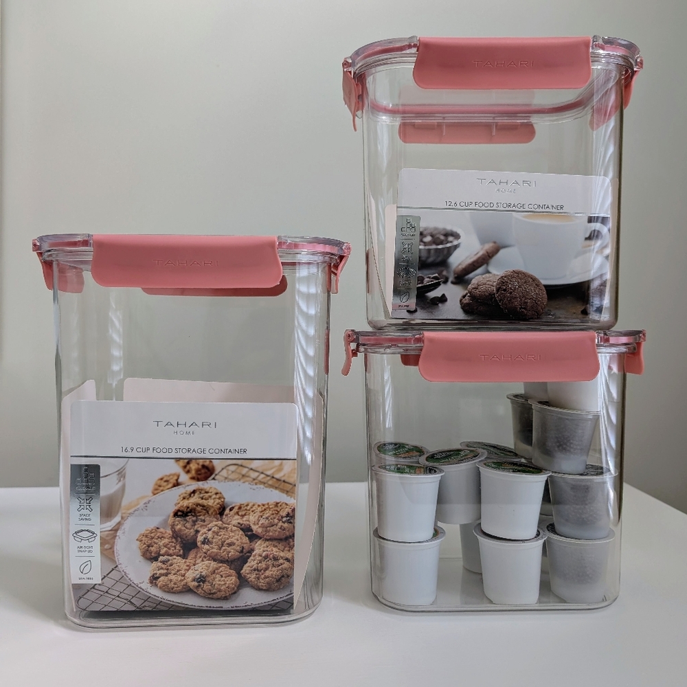 NEW Set 3 TAHARI Large Clear Food Storage Container Stackable BPA Free Snap Pink - Picture 2 of 14